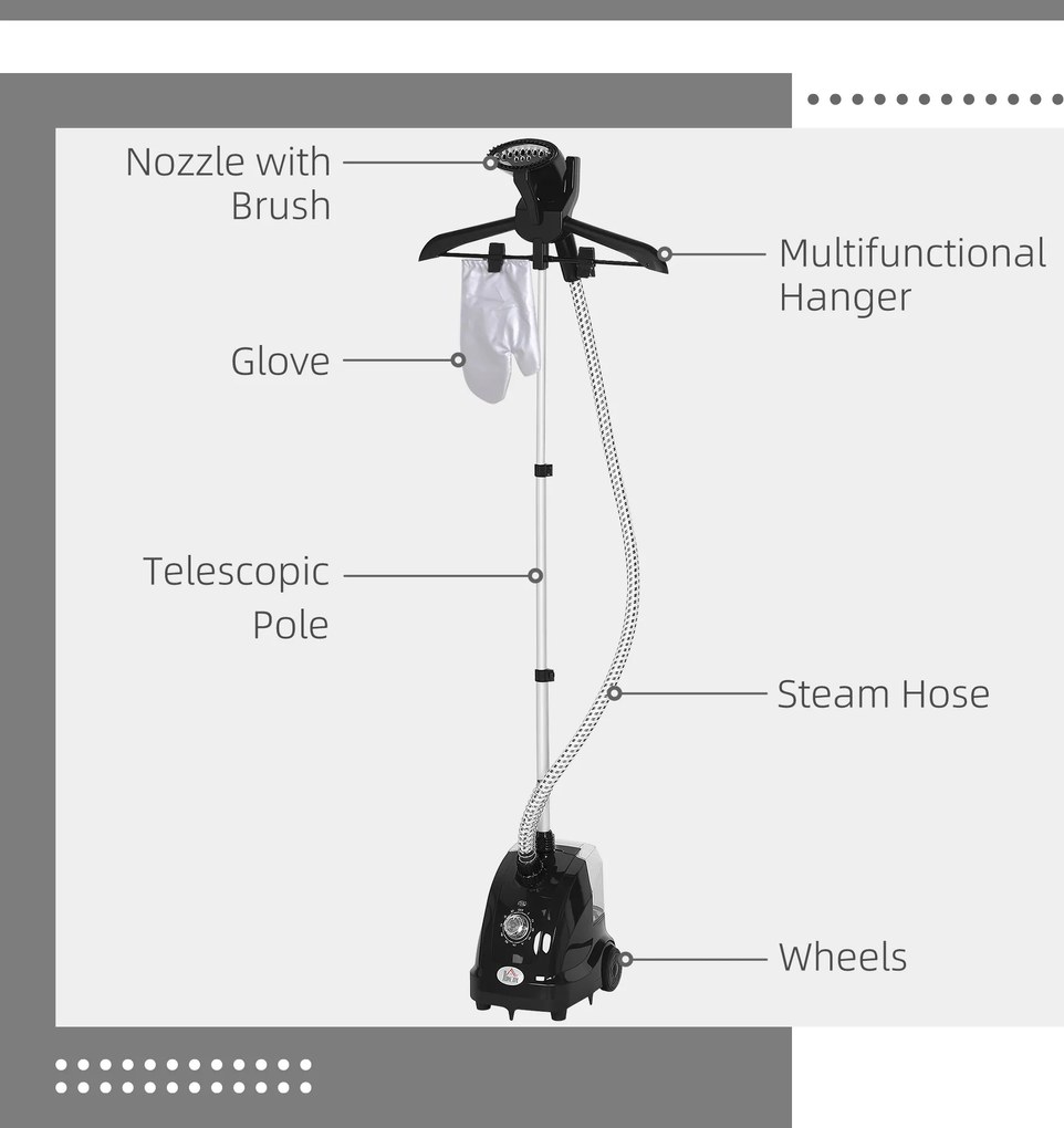 HOMCOM Aparat de Călcat Vertical cu Abur 1.4L cu Bară Extensibilă și 2 Roți Negru | Aosom Romania