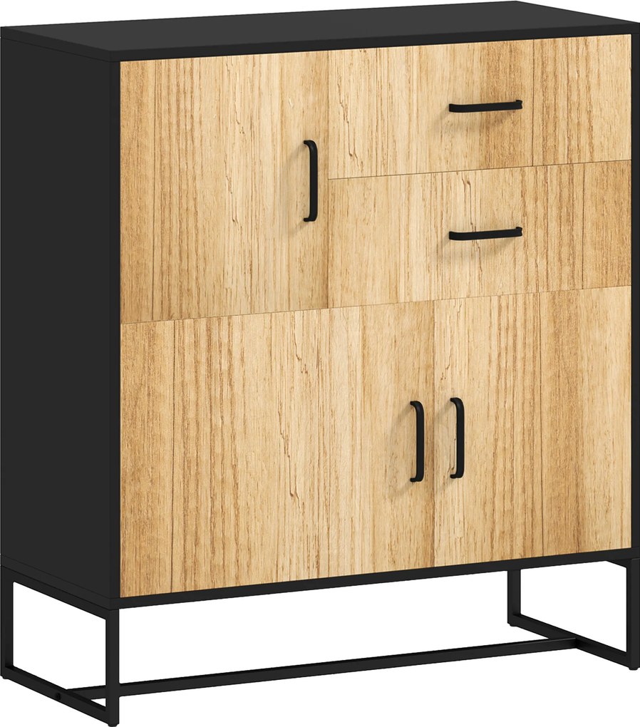 HOMCOM Bufet Modern de Depozitare cu 3 Dulapuri și 2 Sertare din Pal Melaminat și Oțel, 80x35x88 cm, Lemn Natural | Aosom Romania