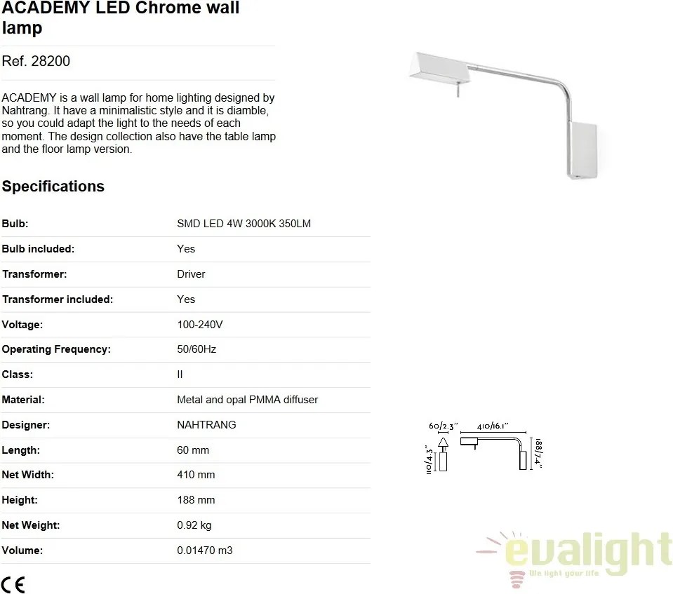 Aplica perete LED dimabila stil modern minimalist ACADEMY crom 28200