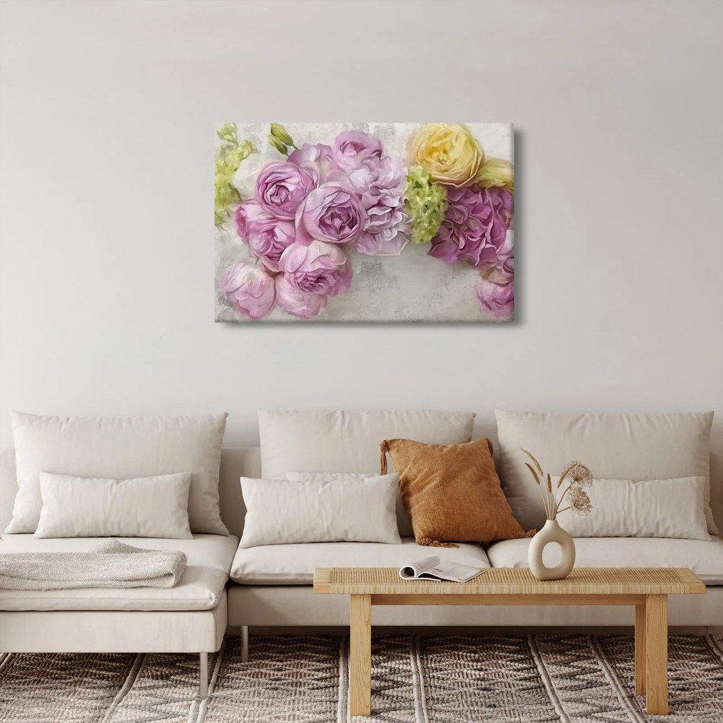 Tablou - Flori pe perete culorile pastel (90x60 cm)
