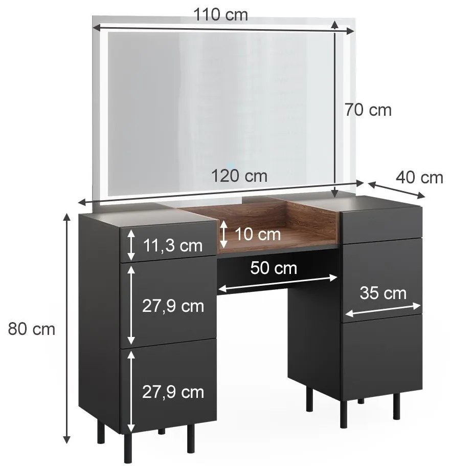 SEG216 - Set Masa toaleta 120 cm cosmetica machiaj, oglinda cu LED, masuta vanity cu sau fara scaun - Gri Antracit - Maro
