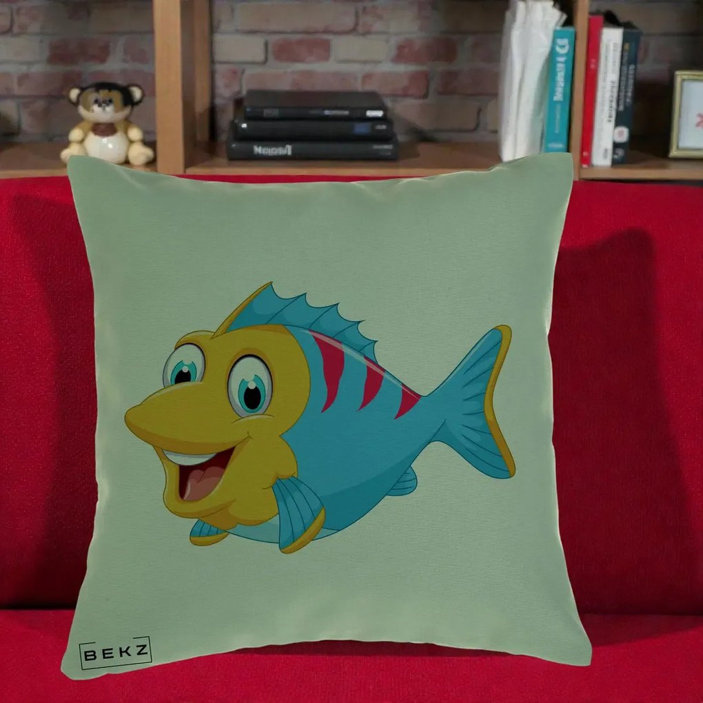 Perna Decorativa Peste Vesel Cartoon, 40x40 cm, Verde, Husa Detasabila, Perna Inclusa, BEKZ®