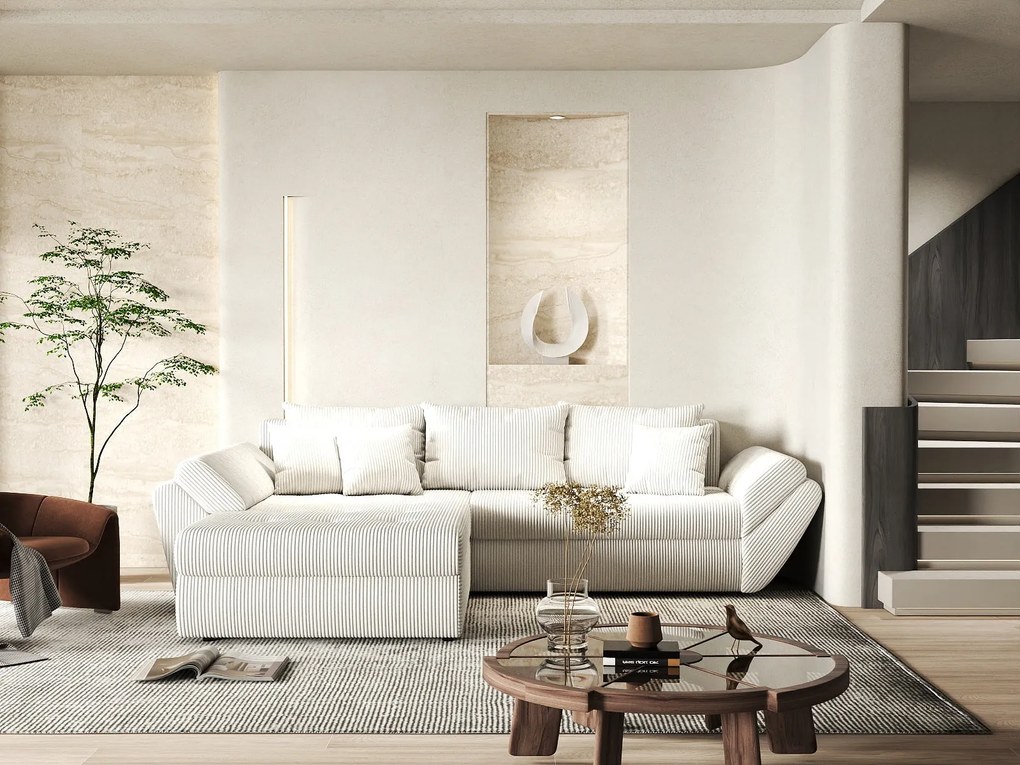 Colțar extensibil dumonde cu ladă de depozitare si sezut confortabil din spuma high-density, Loana Zoom Crem 270x185 cm