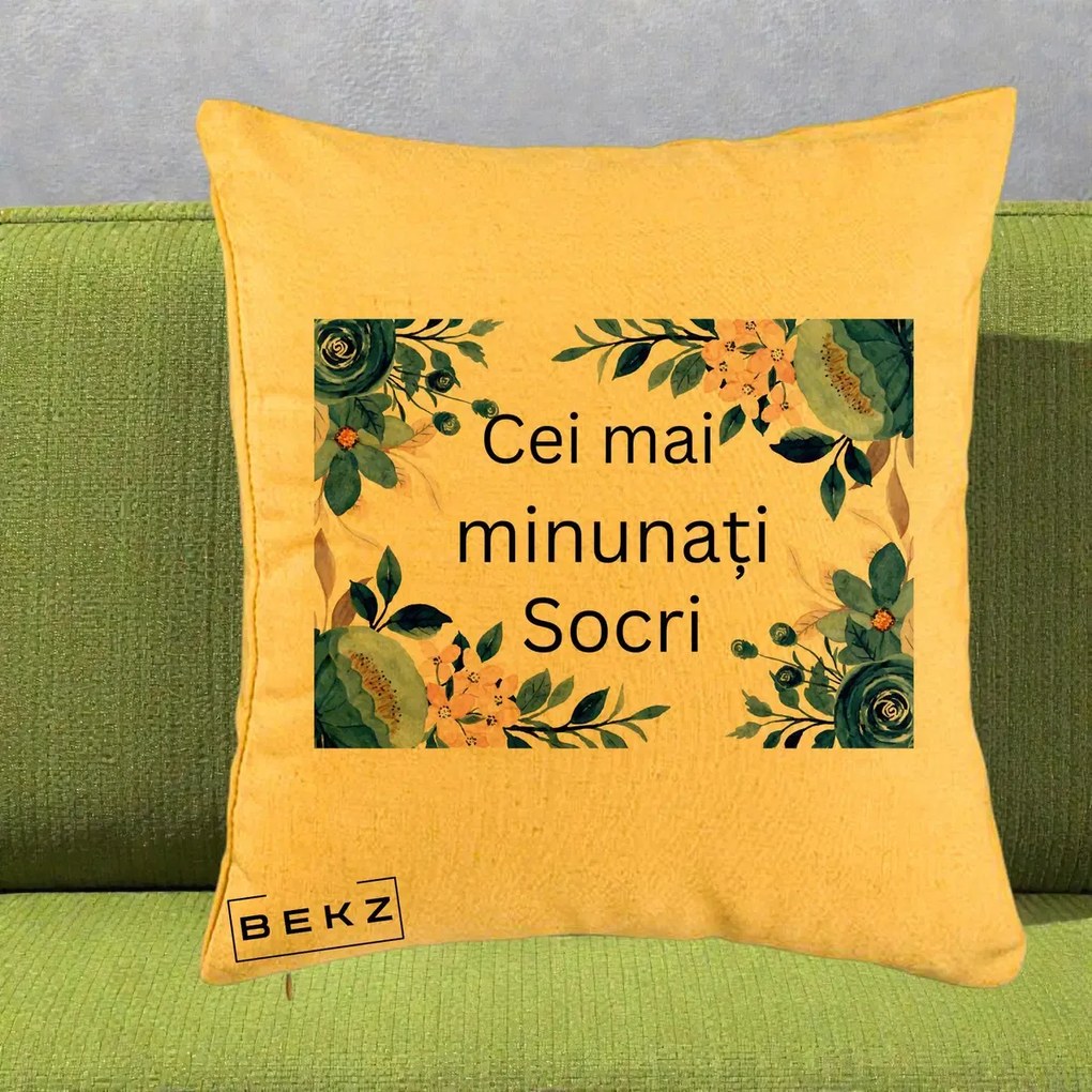 Cadou pentru Socri - Perna Personalizata Cei mai Minunati Socri cu Flori Albastre si Roz, 40x40 cm, Galben, Husa Detasabila, Perna Inclusa, BEKZ®