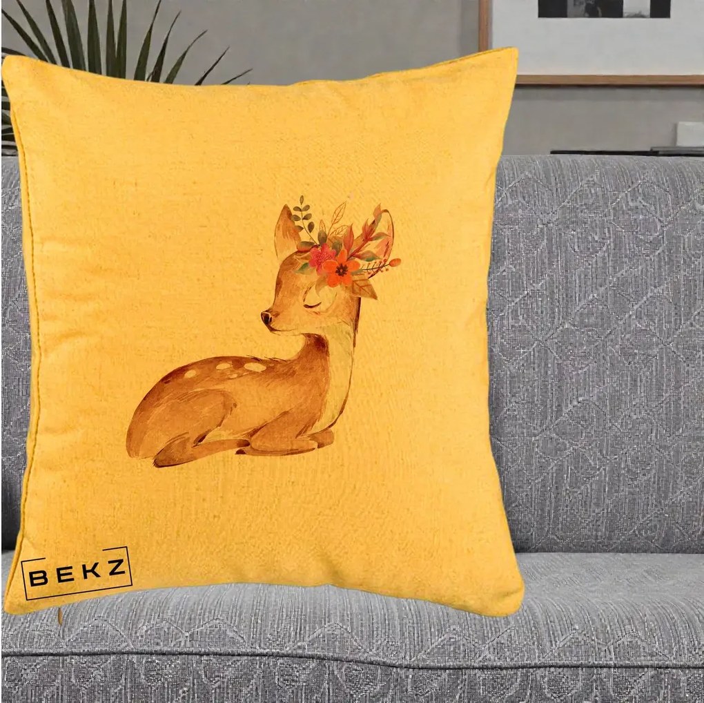 Perna Decorativa Caprioara cu Flori in Coama, 40x40 cm, Galben, Husa Detasabila, Perna Inclusa, BEKZ®