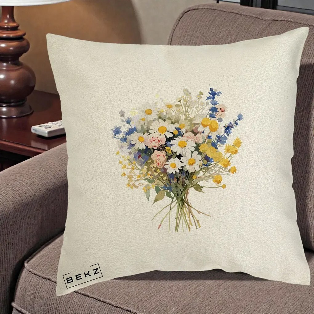 Perna Decorativa Buchet Camp Acuarela Margarete-Lavanda, 40x40 cm, Ecru, Husa Detasabila, Perna Inclusa, BEKZ®