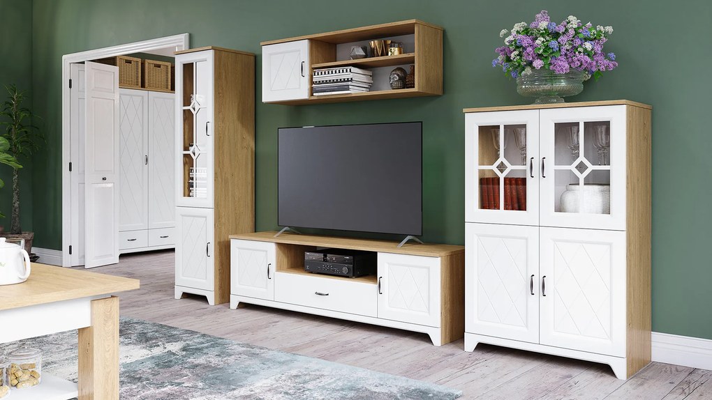 Mazzoni Mobilier dulap de perete PROVENZA Stejar Piatră/Alb Mat - COMODĂ MARE TV COMODĂ CU VITRINĂ ȘI RAFTURI PENTRU LIVING RETRO