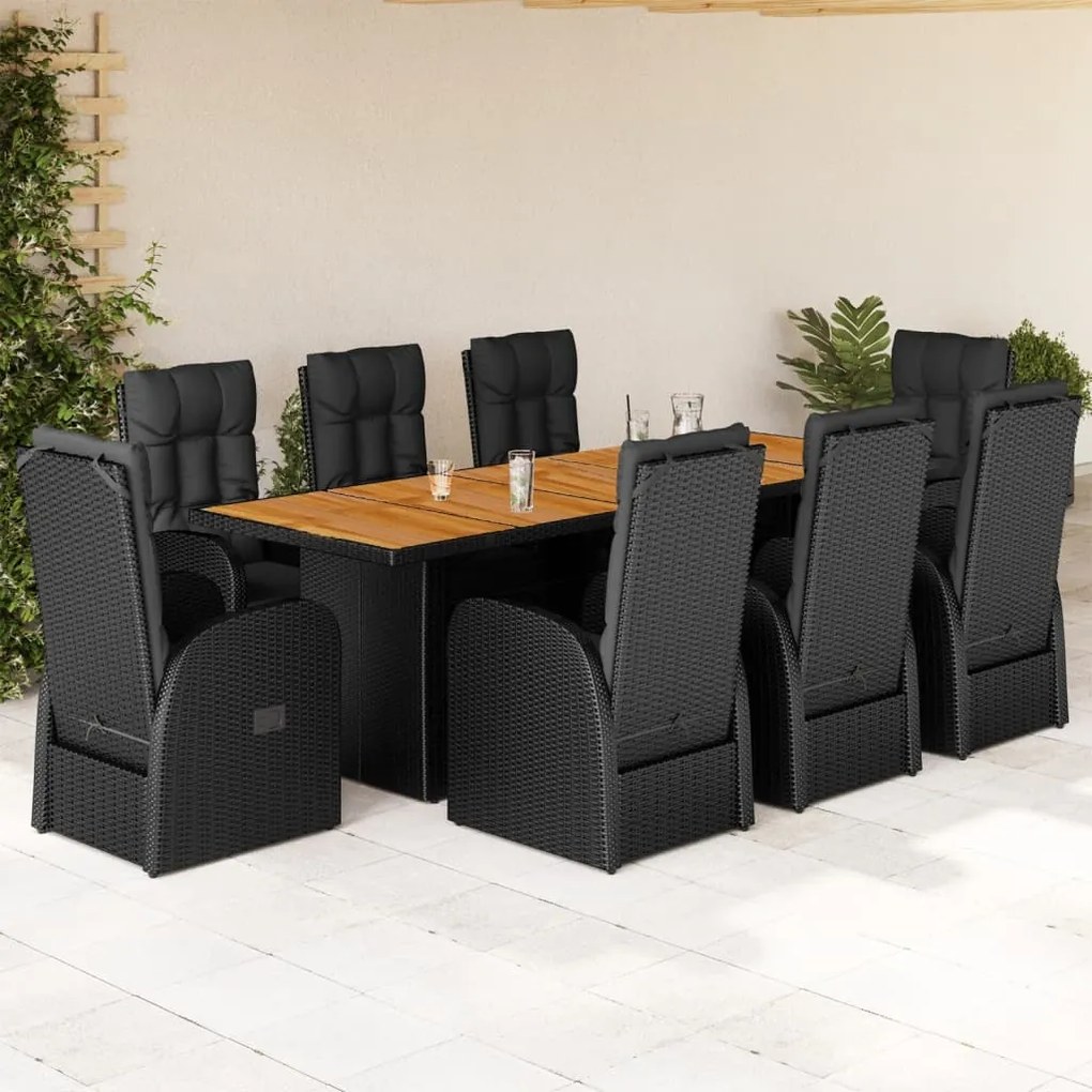 3277649 vidaXL Set mobilier de grădină cu perne, 9 piese, negru, poliratan