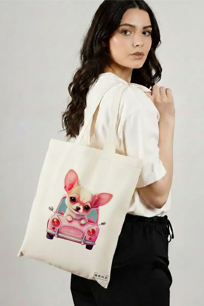 Sacosa de Panza pentru Cumparaturi, Geanta Tote, model Chihuahua the Driver, 38x34.5 cm, Alba, BEKZ®