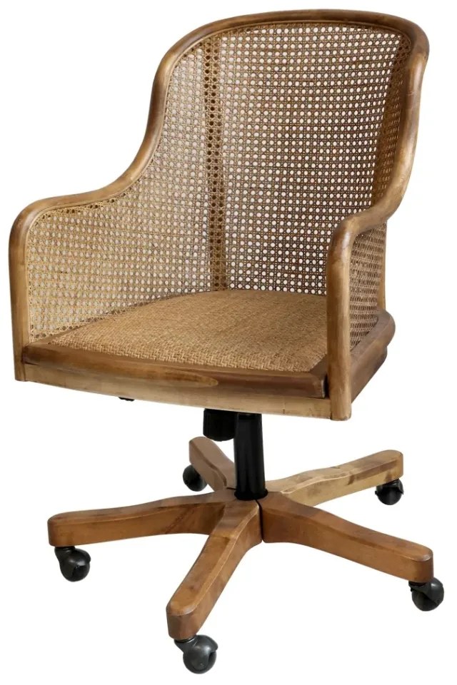 Scaun de birou, din lemn de mesteacan si rattan, cu spatar inalt, natur, cu aspect vintage