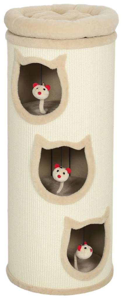 PawHut Turn de zgâriet pentru pisici de 96 cm înălțime, cu 3 căsuțe și un culcuș superior detașabil și lavabil, crem | Aosom Romania