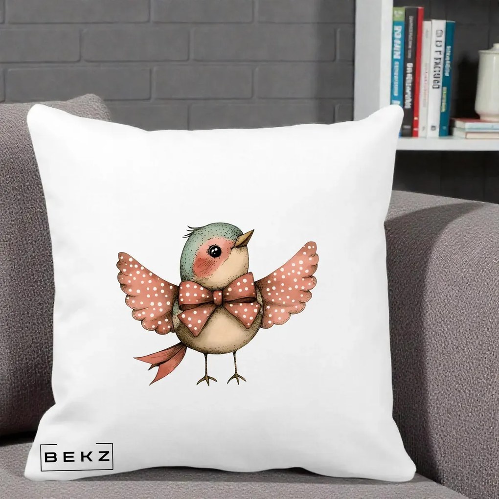 Perna Decorativa Pasare Roz cu Aripi si Fundita, 40x40 cm, Alba Mata, Husa Detasabila, Perna Inclusa, BEKZ®