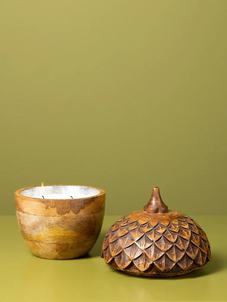 Lumânare decorativă din lemn de mango în formă de ghindă, capac sculptat, finisaj natural, 16,5 x 15 cm, „Chêne”