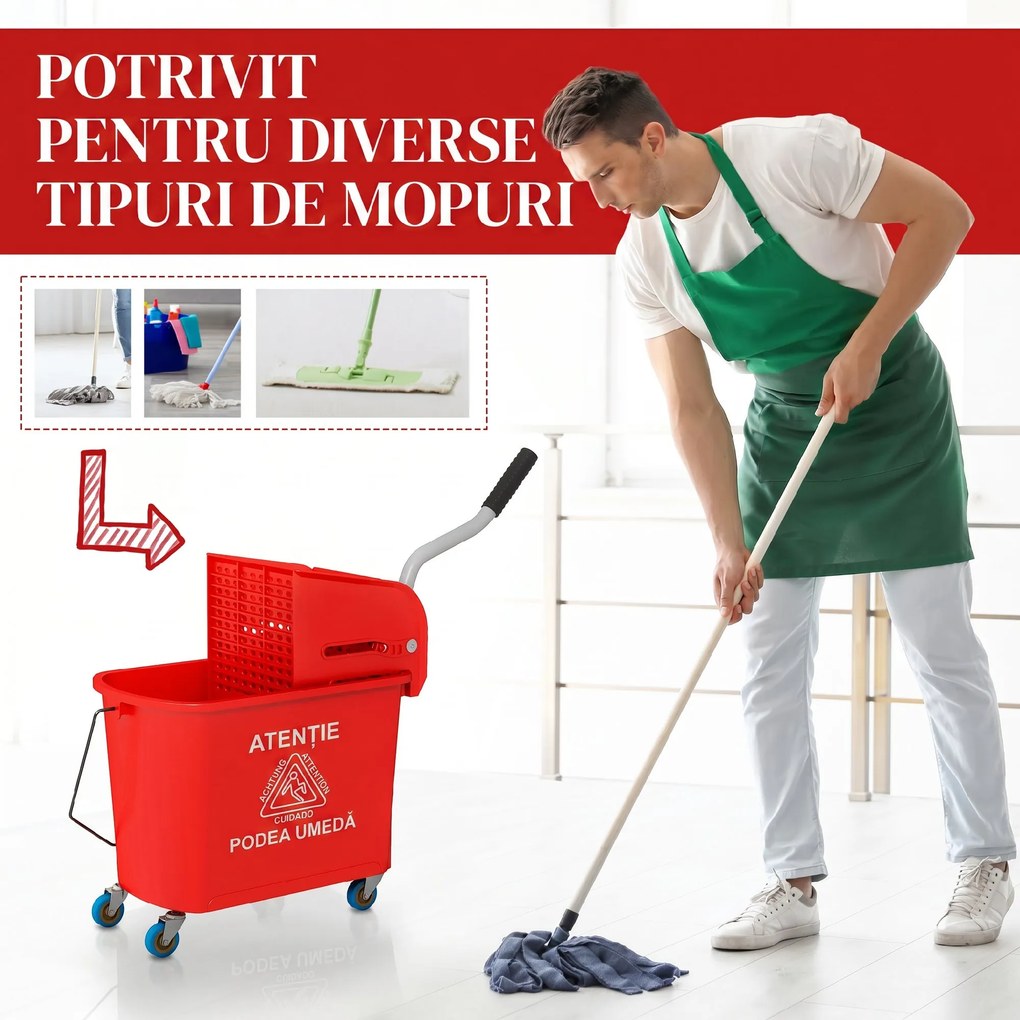 HOMCOM Găleată Mop 20L pe Roți, cu Panou de Separare a Apei - Albastru | Aosom Romania