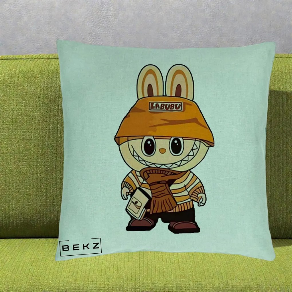 Perna Personalizata Labubu Streetwear Portocaliu, 40x40 cm, Verde Menta, Husa Detasabila, Perna Inclusa, BEKZ®