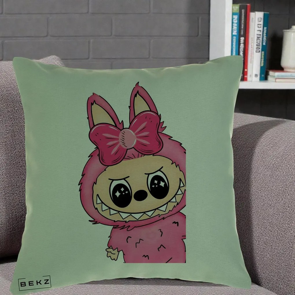 Perna Personalizata Labubu Roz cu Funda, 40x40 cm, Verde, Husa Detasabila, Perna Inclusa, BEKZ®