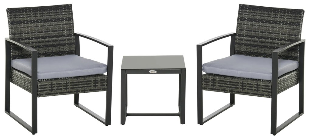 Set de mobilier de grădină Outsunny din ratan pentru 2 persoane, Set de mobilier de balcon din poliratan, Set de mobilier de balcon cu pernuțe, Grădină Gri | Aosom Romania