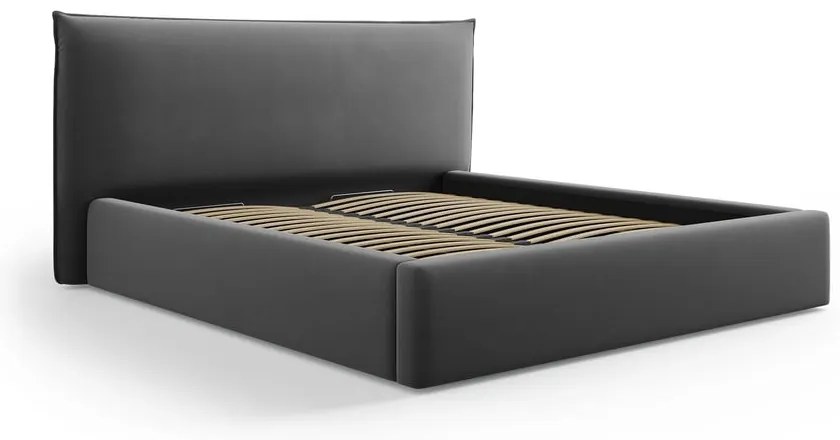 Pat matrimonial gri închis tapițat cu spațiu de depozitare cu somieră 160x200 cm Elio – Milo Casa
