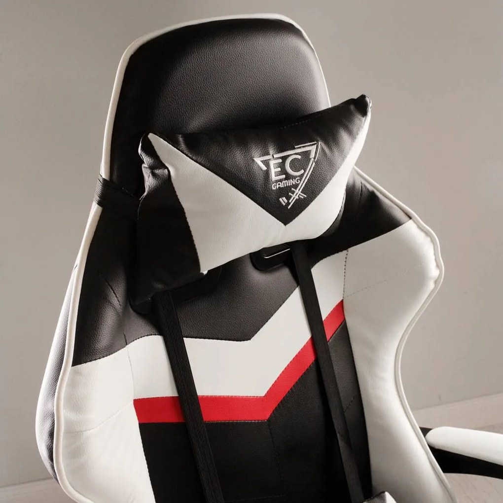 JAKS PREMIUM SCAUN GAMING REGLABIL ECO - PIELE NEGRU-ALB + PERNĂ DE MASAJ