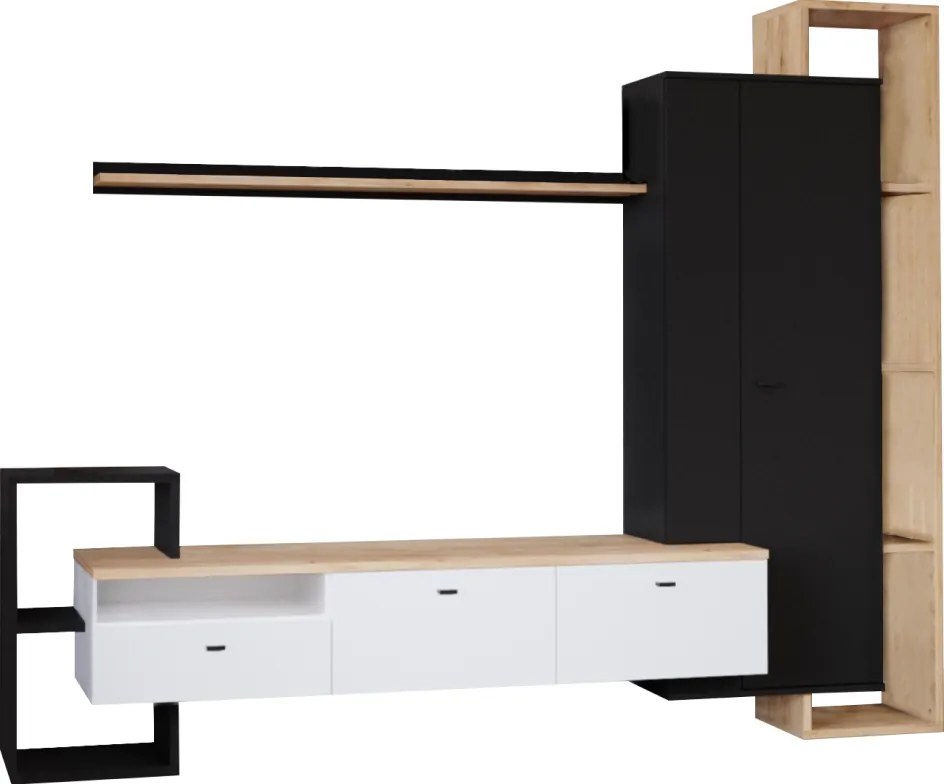 Mobilier de perete living, negru/alb/stejar craft auriu, DENISO