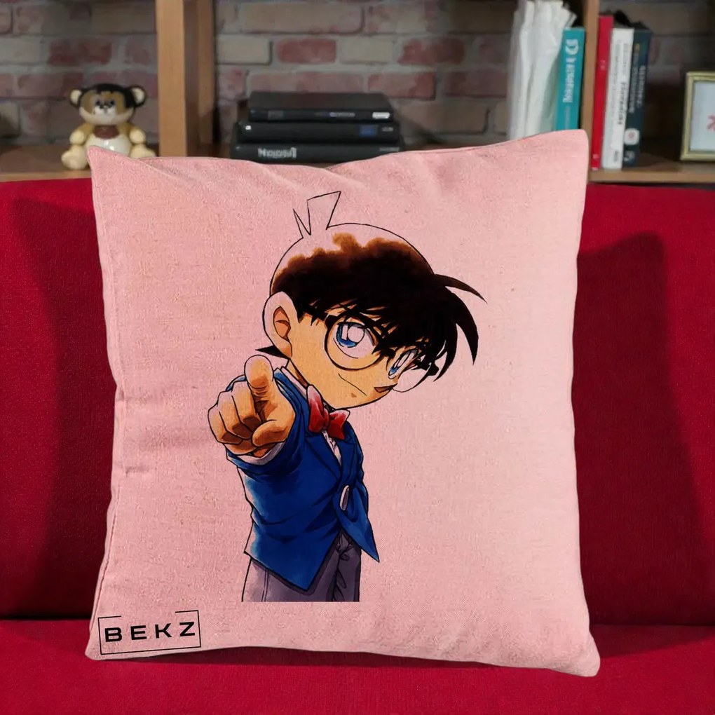 Perna Personalizata Detective Conan Conan Arata, 40x40 cm, Roz, Husa Detasabila, Perna Inclusa, BEKZ®