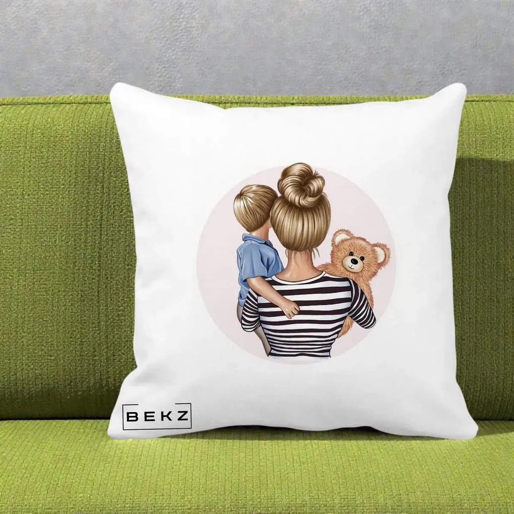 Cadou pentru Mama - Perna Personalizata Mama si Baietelul cu Ursulet, 40x40 cm, Alba Mata, Husa Detasabila, Perna Inclusa, BEKZ®