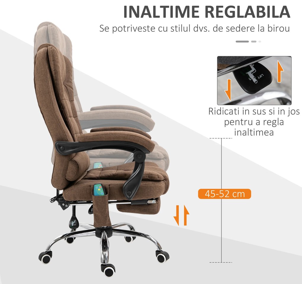 Vinsetto Scaun cu masaj de birou, cu 6 Puncte de Vibrație și Încălzire, Scaun Birou Reglabil pe Înălțime, 65x70x111-119 cm, Maro | Aosom Romania