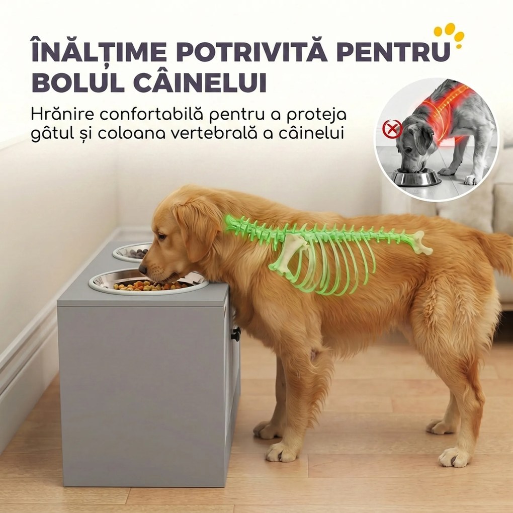 PawHut Suport pentru boluri de câini cu 2 boluri de 2 L din oțel inoxidabil și dulap inferior, din PAL, 60x30x35,5 cm, gri | Aosom Romania
