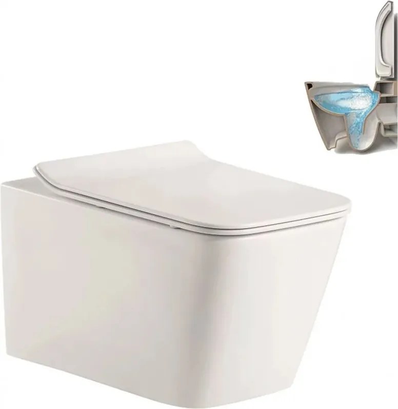 Set vas WC suspendat Inter Ceramic Rimless cu capac slim finisaj alb lucios