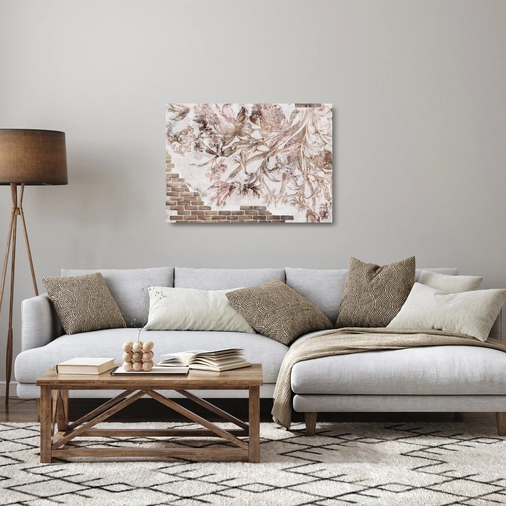 Tablou pe sticlă - Frescă florală pe un perete de cărămidă (70x50 cm)