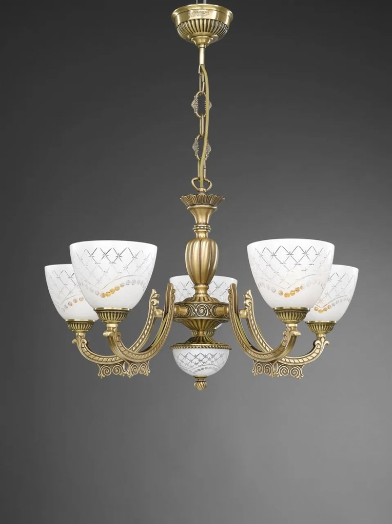 Candelabru cu 5 brate clasic design italian din alama, sticla 7052 RA-L. 7052/5