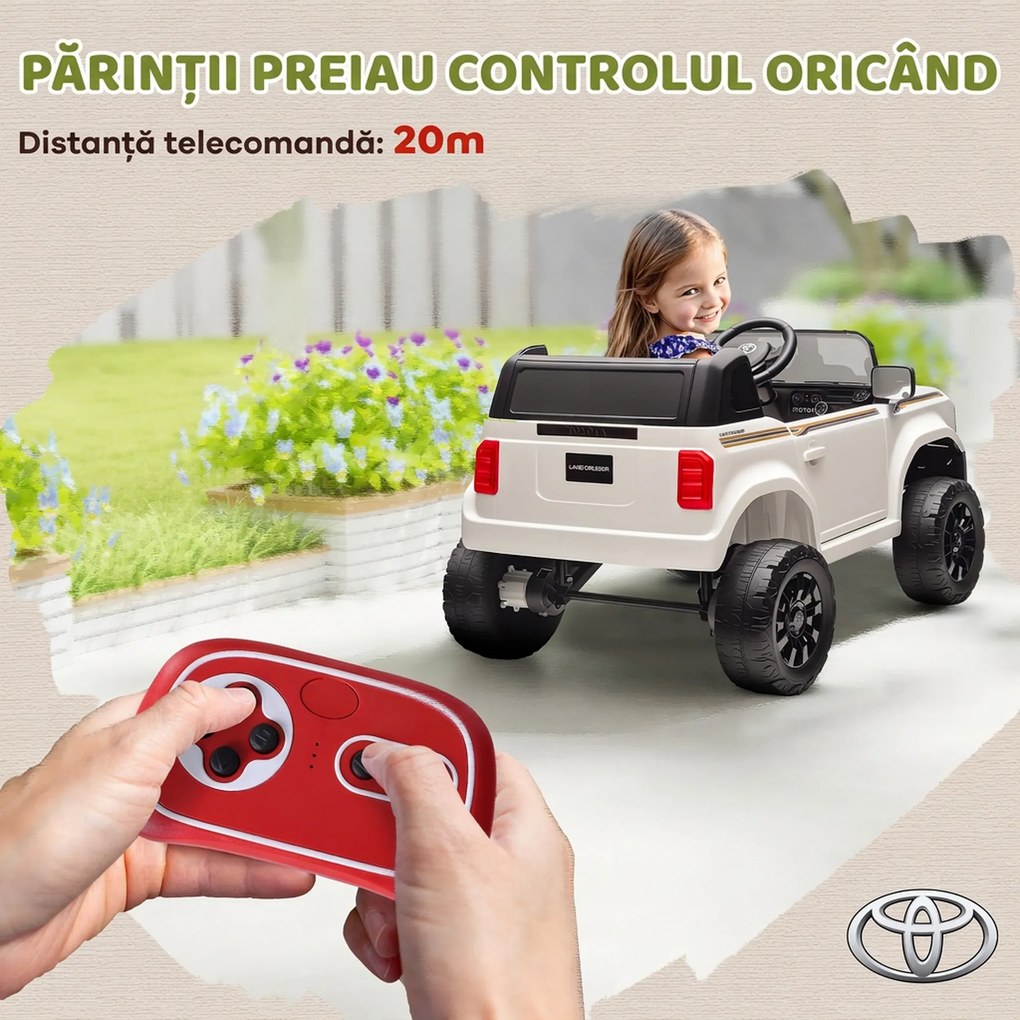 AIYAPLAY Mașină Electrică pentru Copii TOYOTA Land Cruiser 12V cu Telecomandă, Vârsta 3-6 Ani, Alb | Aosom Romania