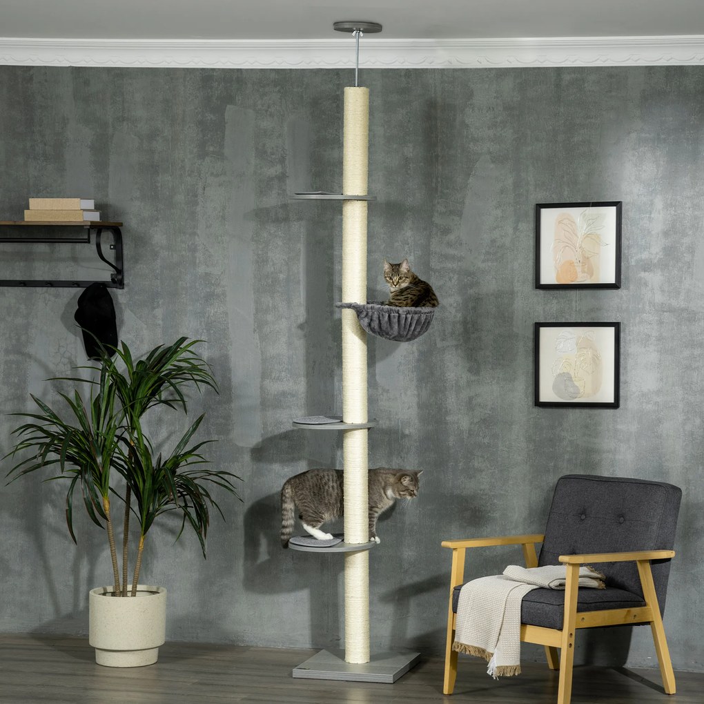 PawHut Zgâriat cu hamac, incl. Tensionare pentru tavan, înălțime totală, 40 cm x 40 cm x 250 cm, Gri + Alb crem | Aosom Romania