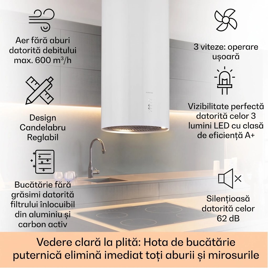 Klarstein Bolea, hota tip insulă, Ø38cm, mod de recirculare/extracție a aerului, 651m³/h, LED, inclusiv filtre de cărbune activ