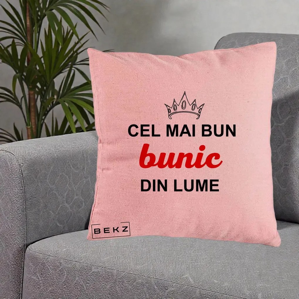 Cadou pentru Bunic - Perna Personalizata Cel Mai Bun Bunic Din Lume Coroana Rosu, 40x40 cm, Roz, Husa Detasabila, Perna Inclusa, BEKZ®