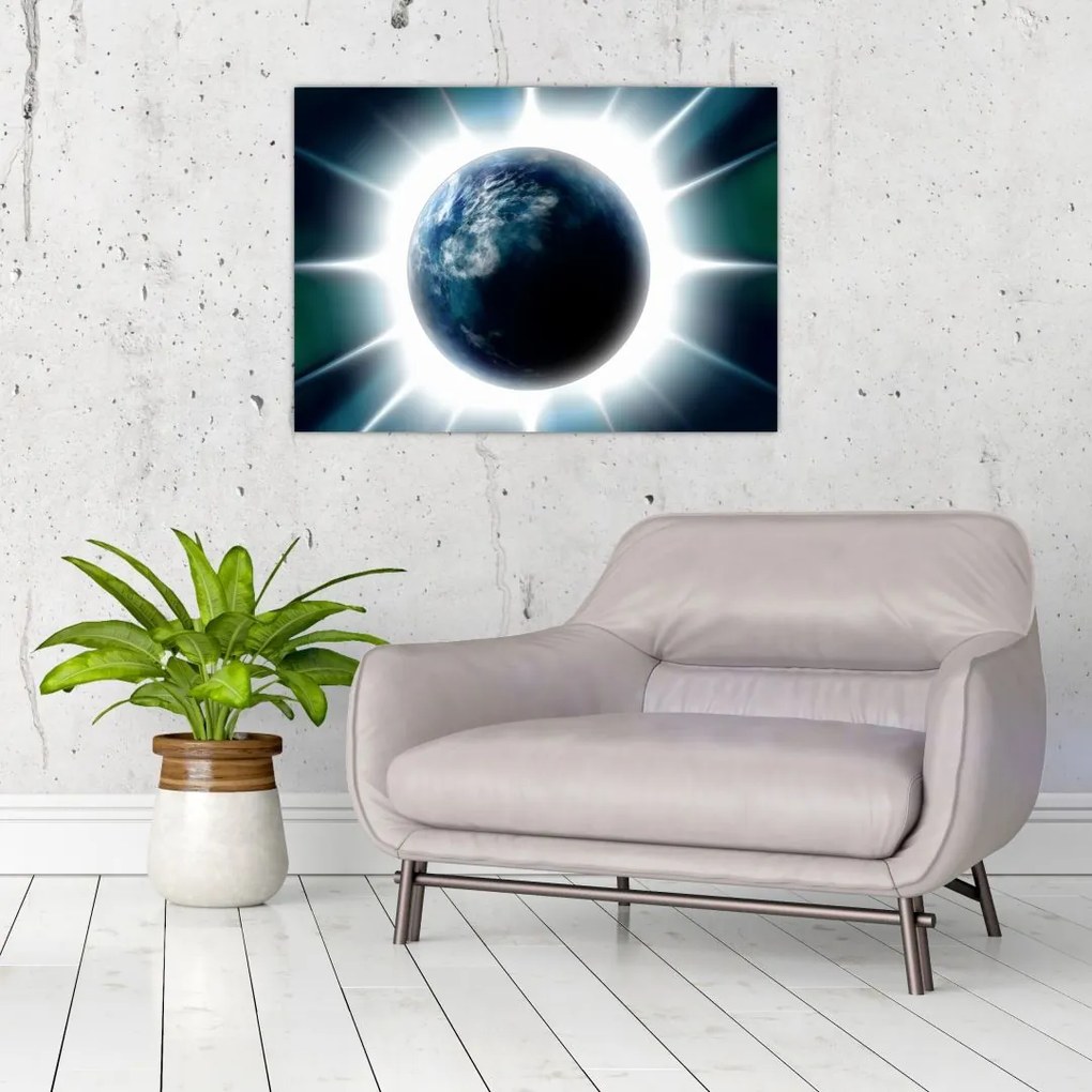 Tablou pe sticlă cu planeta iluminată (70x50 cm)