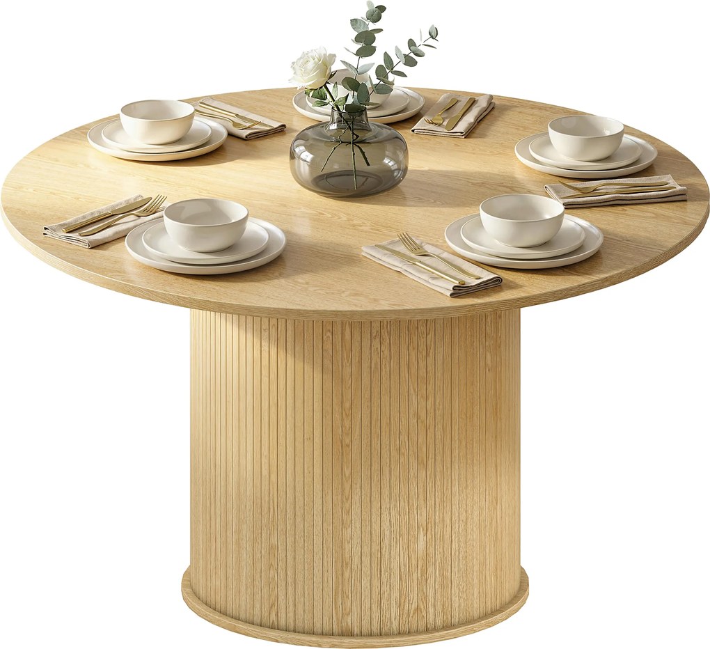 HOMCOM Masă de dining rotundă pentru 5 persoane, Ø 120 x 76 cm, masă de bucătărie cu bază cilindrică canelată, lemn natural | Aosom Romania