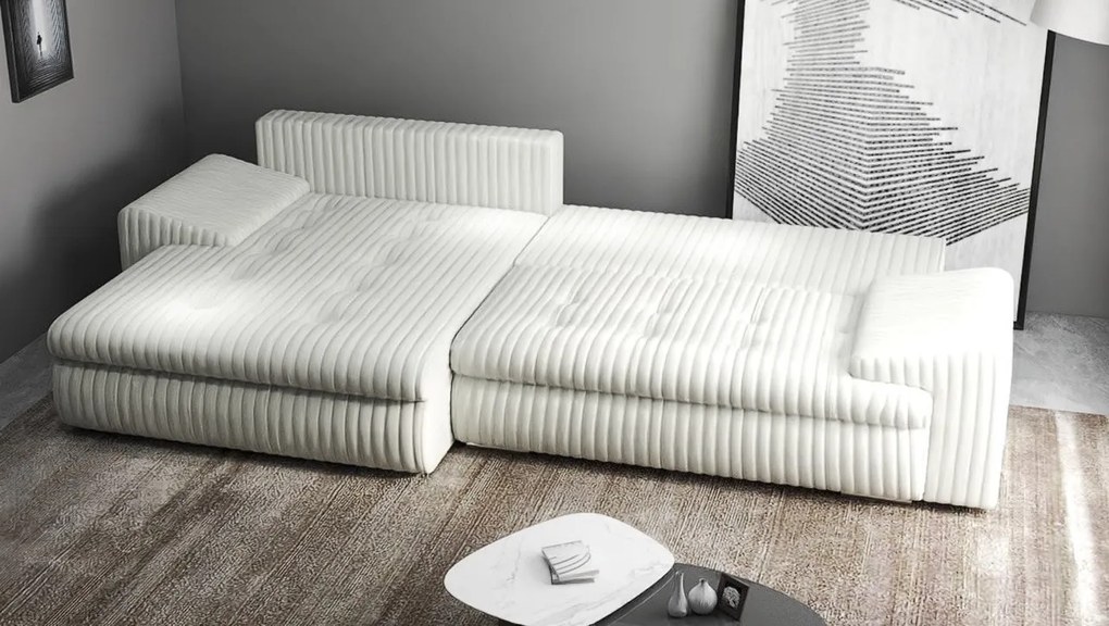 Colțar extensibil dumonde cu ladă de depozitare si sezut confortabil din spuma high-density, Leonardo Ambience Ivory 260x185 cm