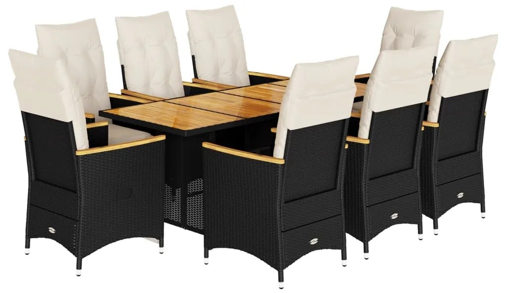 3276966 vidaXL Set bistro de grădină, 9 piese, cu perne, negru, poliratan