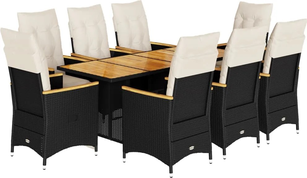vidaXL Set bistro de grădină, 9 piese, cu perne, negru, poliratan