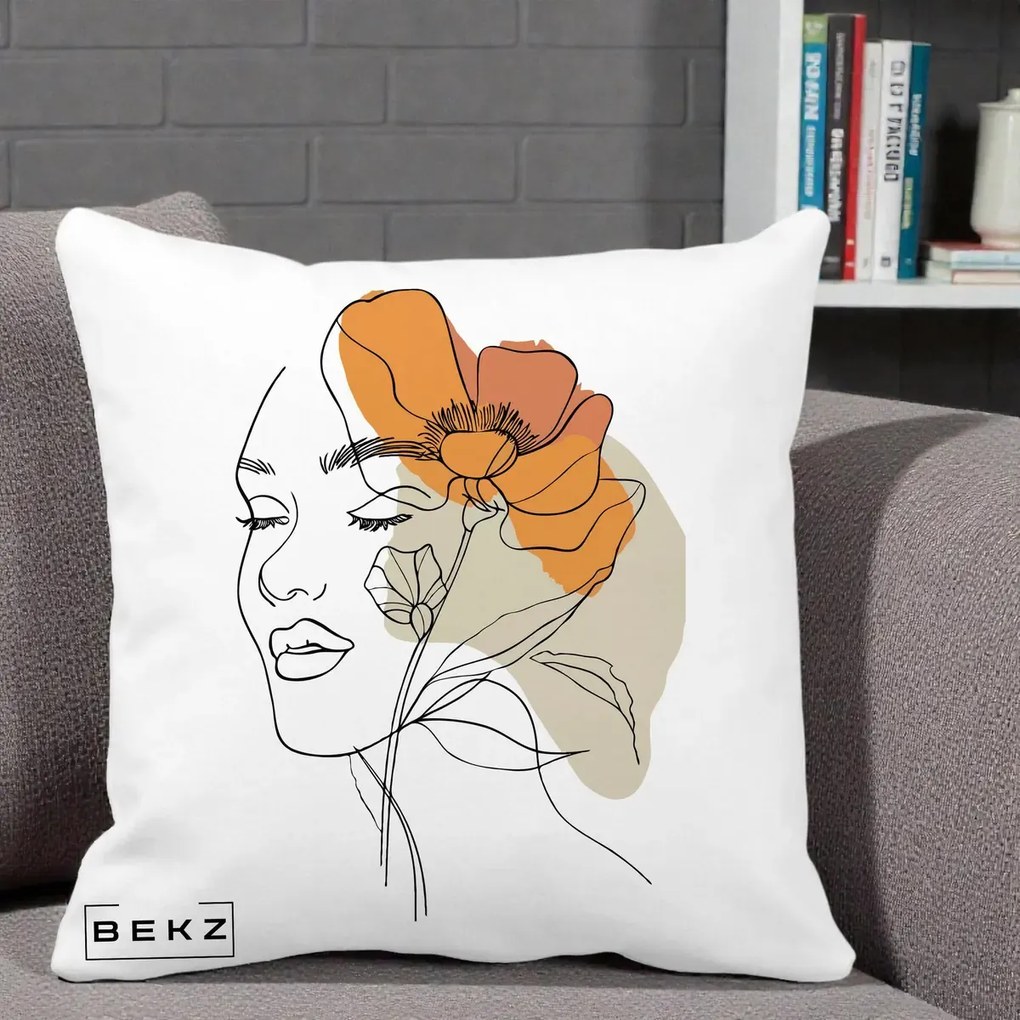 Perna Decorativa Portret Feminin Mac Mare Portocaliu, 40x40 cm, Alba Mata, Husa Detasabila, Perna Inclusa, BEKZ®