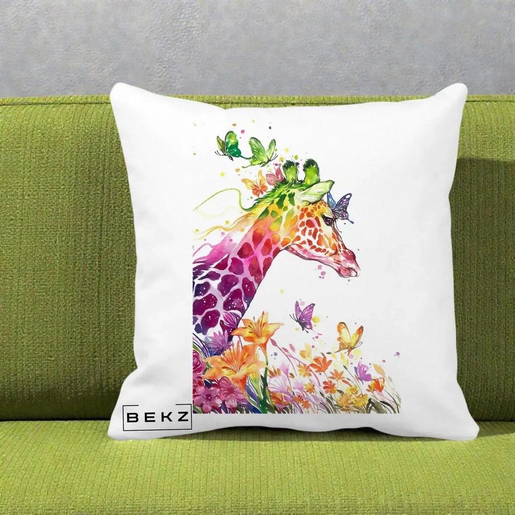 Perna Decorativa Girafa Curcubeu Acuarela, 40x40 cm, Alba Mata, Husa Detasabila, Perna Inclusa, BEKZ®