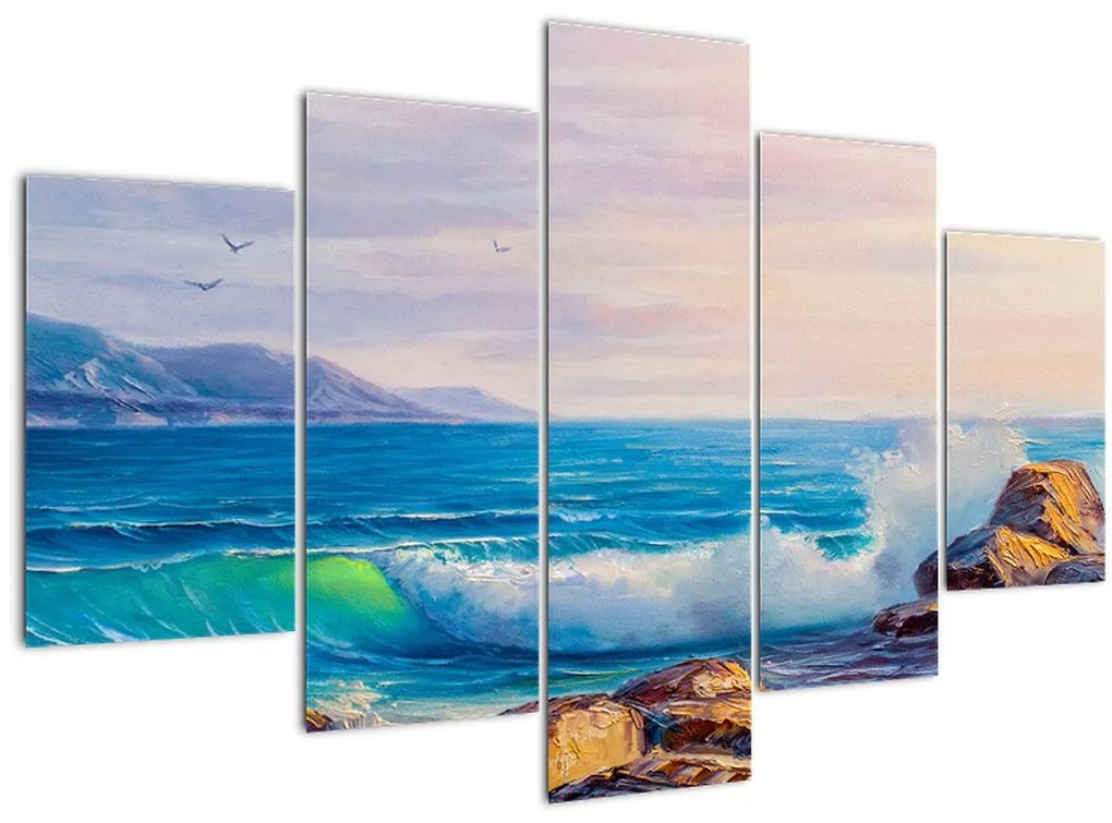 Tablou - Valuri lovind stânci, pictură în ulei (150x105 cm)