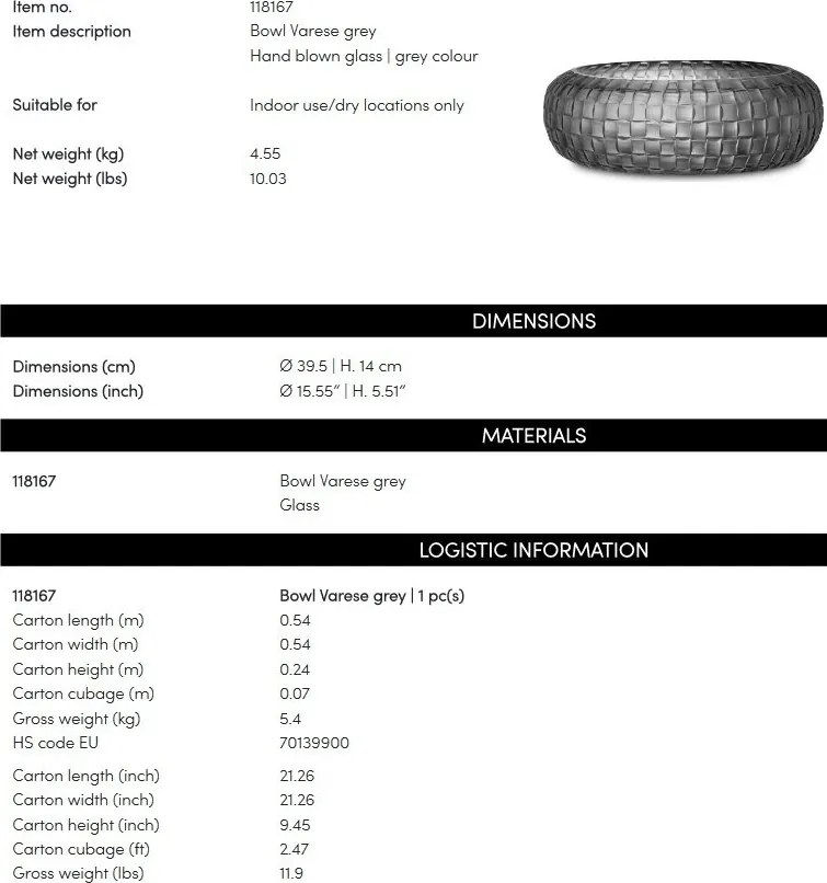 Vas decorativ design LUX realizat manual din sticla Varese gri