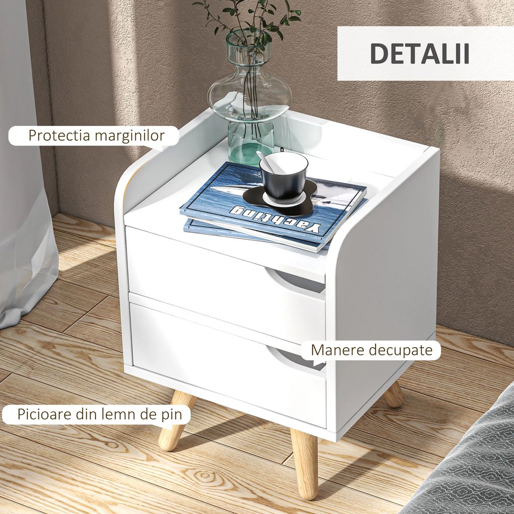 Noptiera alba cu 2 sertare extemsibilie, picioare din pin, mobila pentru casa,33x28x42cm HOMCOM | Aosom RO