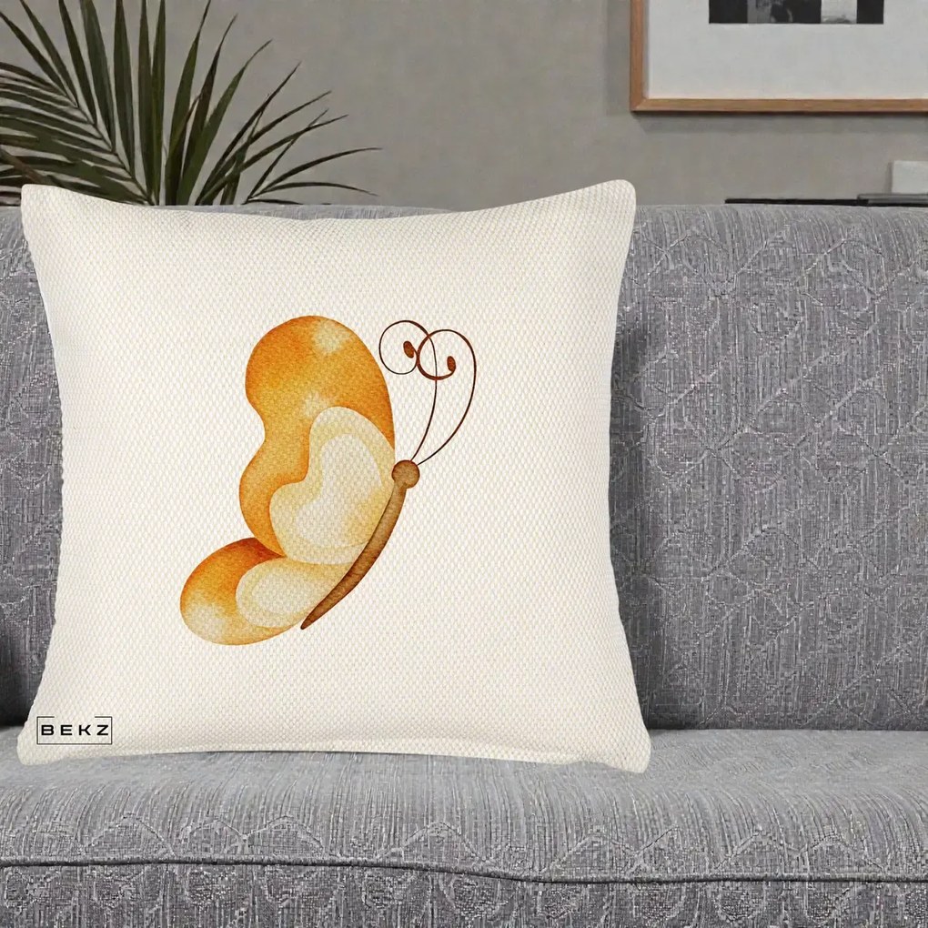Perna Decorativa Fluture Acuarela Auriu, 40x40 cm, Crem Reliefat, Husa Detasabila, Perna Inclusa, BEKZ®