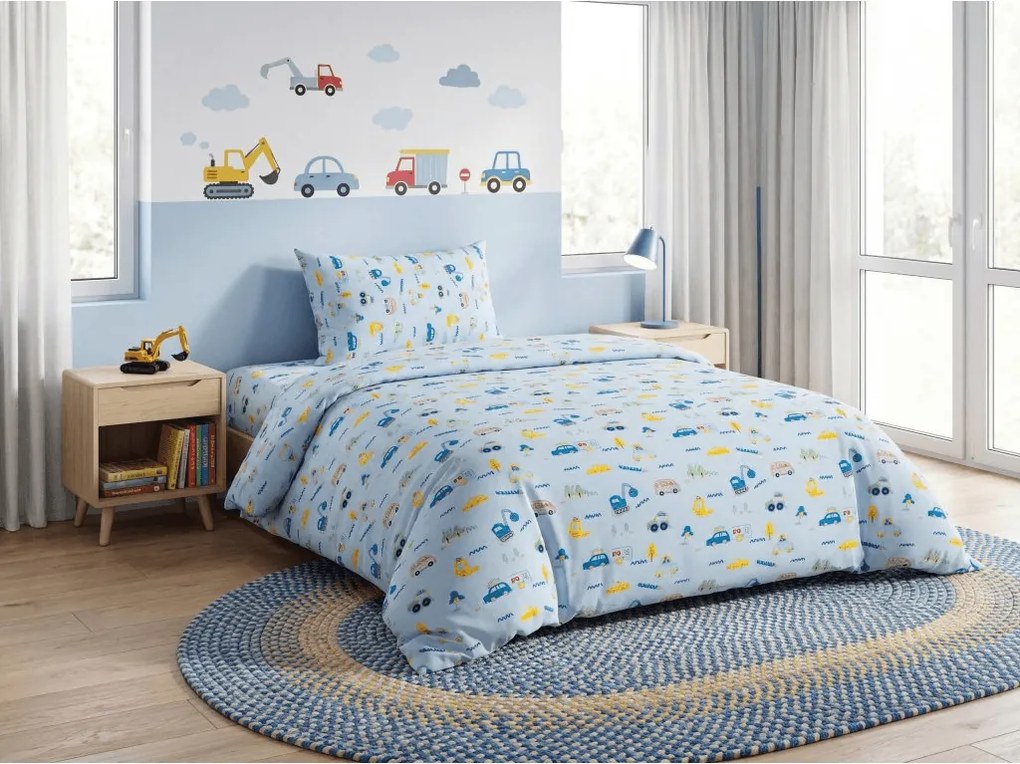 Lenjerie de pat pentru copii MINI TRUCKS albastru, 100% bumbac Dimensiune lenjerie de pat: 70 x 90 cm | 140 x 200 cm