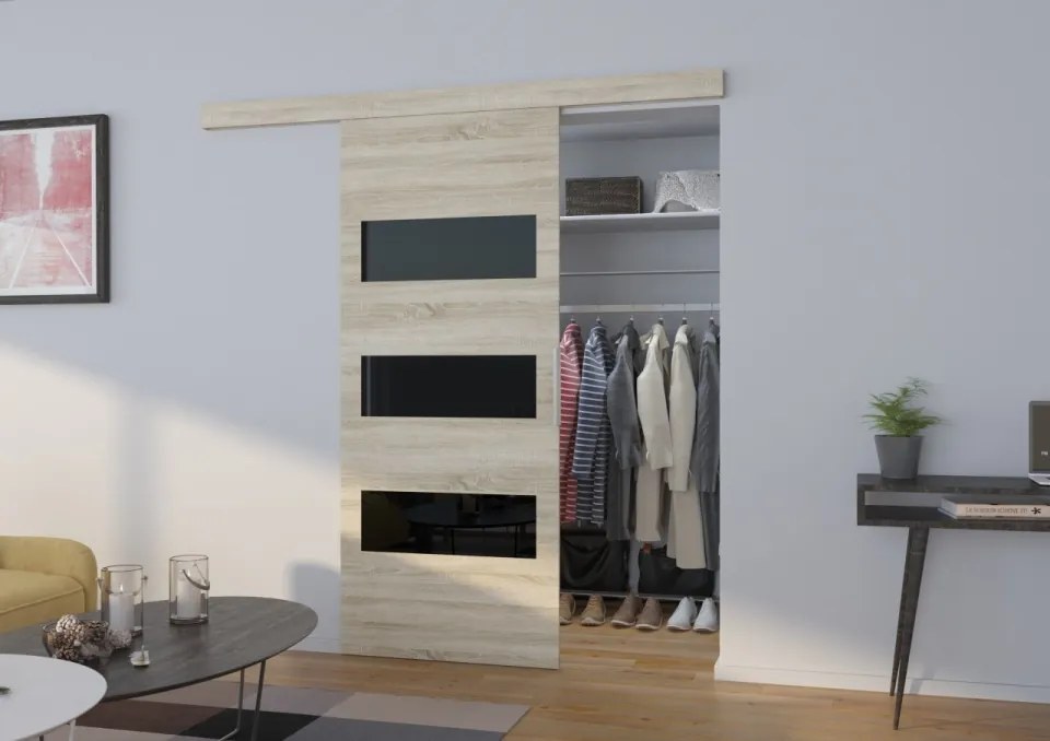 Usa glisanta Ares, ADRK Furniture (Latime: 86 cm, Culoare: Alb /Negru Lacobel)