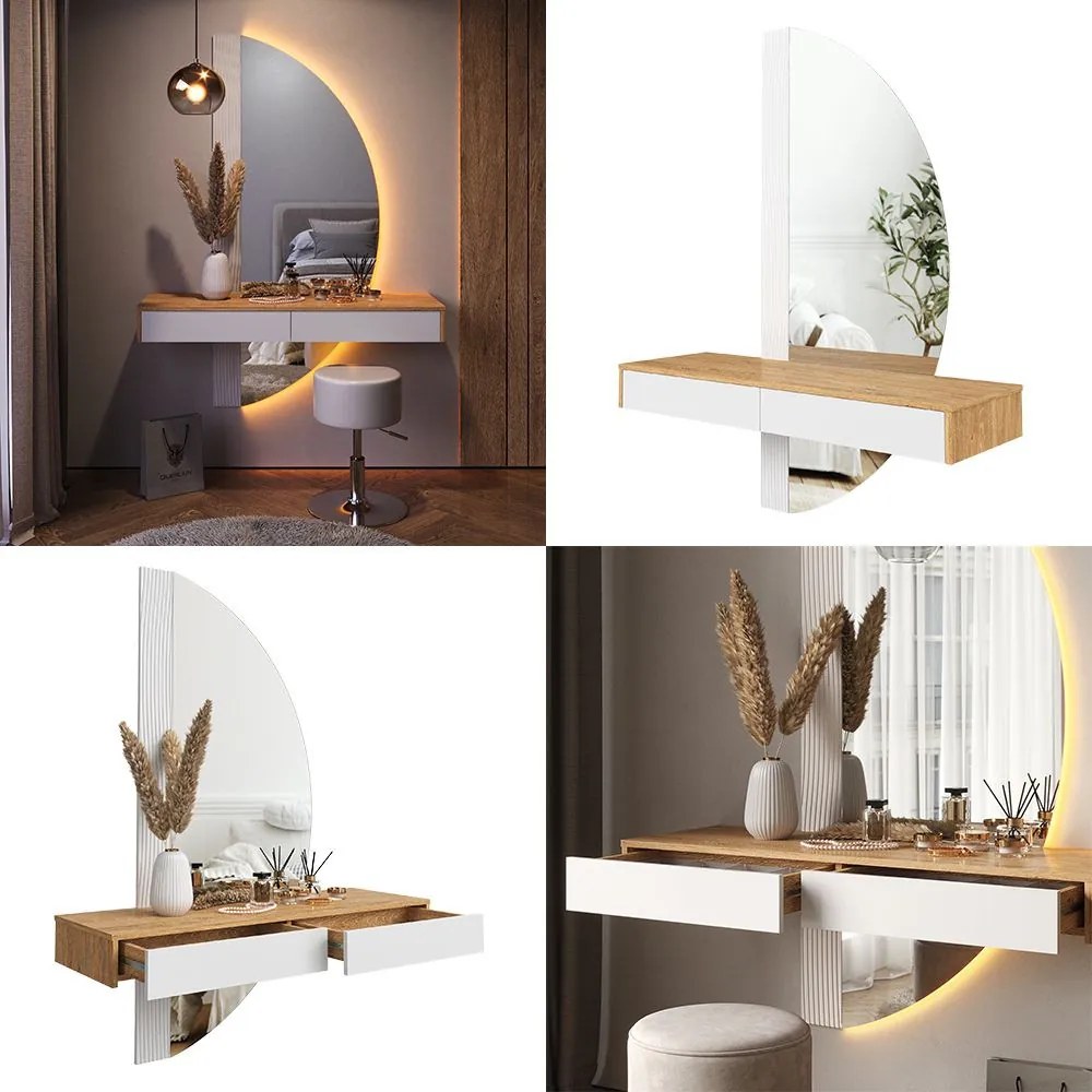 Masuta machiaj cu Oglinda LED si 2 Sertare pentru Cosmetice, Set Masa toaleta 120 cm, Alb, masuta vanity cu Riflaj, cosmetica - SEM236