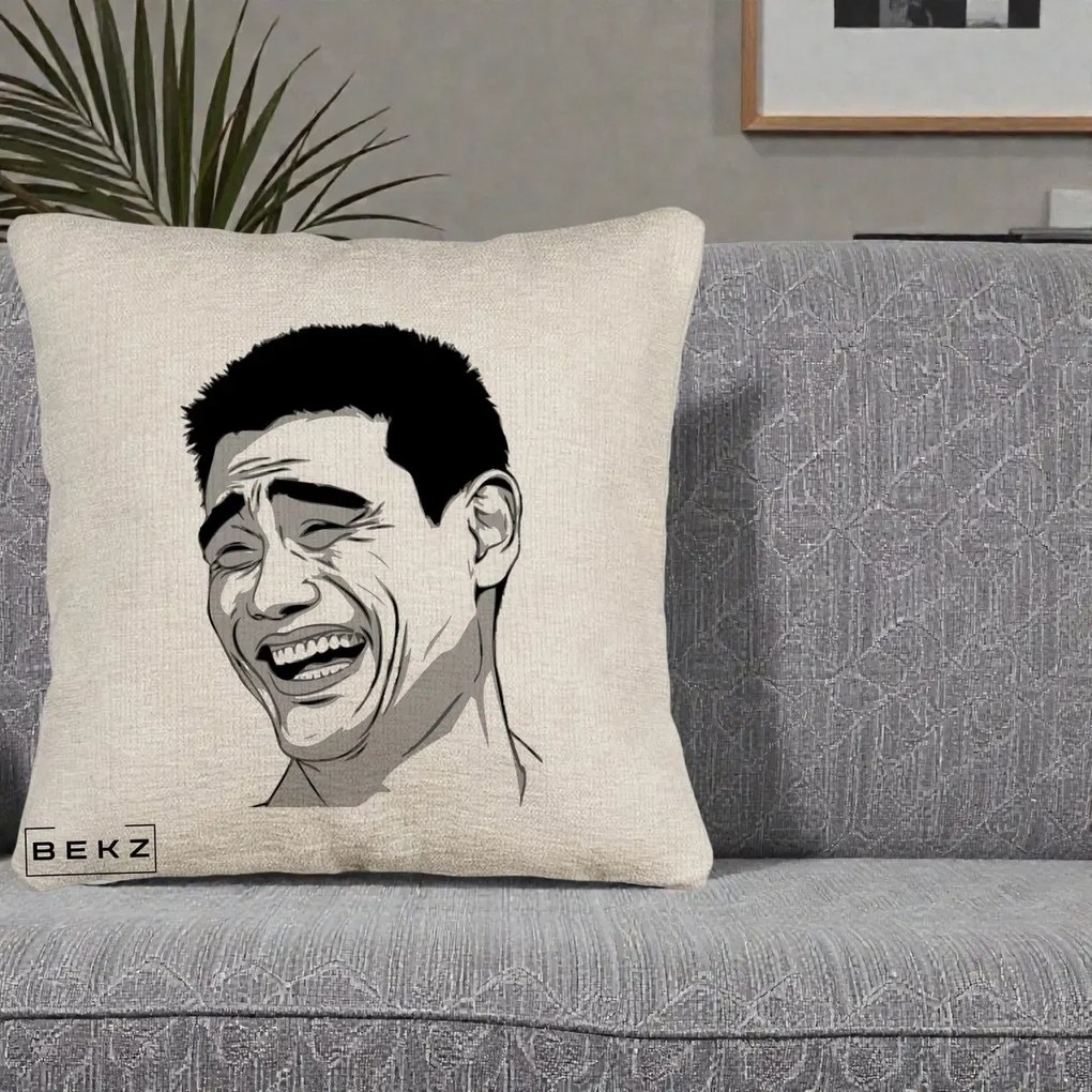 Perna Decorativa Yao Ming Meme, 40x40 cm, Bej Canapea, Husa Detasabila, Perna Inclusa, BEKZ®